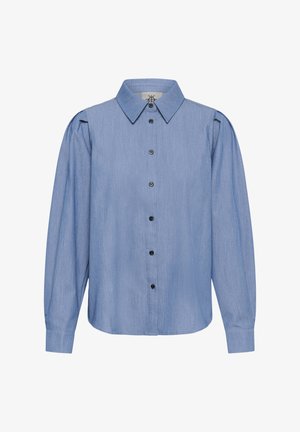 Jasnoniebieska koszula na guziki z teksturowanej tkaniny, z długimi rękawami z bufkami na ramionach, czarnymi guzikami i klasycznym kołnierzem.