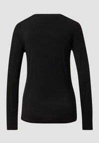 Czarny top z długim rękawem, okrągłym dekoltem i dopasowanym krojem. Wykonany z gładkiej tkaniny, bez widocznych wzorów czy zdobień.