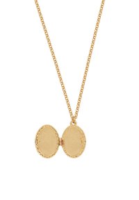 Gold oval locket pendant with engraved edges, open to reveal smooth inner surfaces, hanging from a fine matching gold chain.