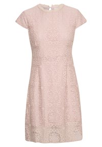 Svetle růžové krajkov dress s krátkými rukávy, zdobené složitými květinovými vzory a uzavřením s klíčovou dírkou na zádech, texturovaná tkanina a A-linii.
