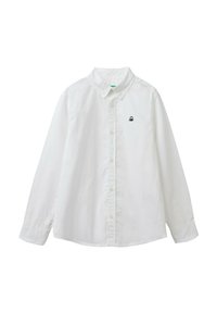 Camicia bianca in cotone a maniche lunghe con colletto button-down. Presenta un piccolo logo di un polpo blu navy sul lato sinistro del petto e un'orlo dritto.