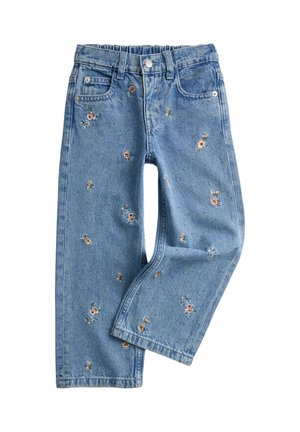 Lyseblå denimjeans med en løs pasform, der har blomsterbroderi i forskellige farver, knaplukning og standardlommer.