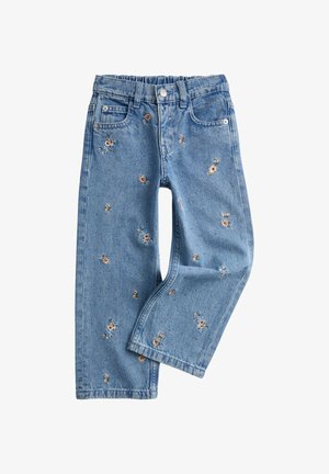 Jasnoniebieskie dżinsy z luźnym krojem, ozdobione kwiatową haftem w różnych kolorach, zapinane na guziki, z standardowymi kieszeniami.