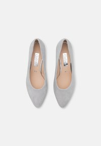 Ballerines grises en daim à bout pointu avec une texture lisse et un éclat subtil. Présentent un design minimaliste et un logo sur la semelle intérieure.
