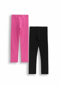 Dwie pary legginsów: jedne różowe, drugie czarne. Miękki bawełniany materiał, elastyczna tkanina, dopasowany krój z elastycznymi pasami w talii.