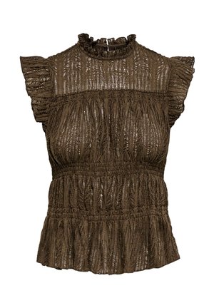 Blusa sin mangas de encaje marrón con cuello alto fruncido, cintura fruncida y mangas con volantes.