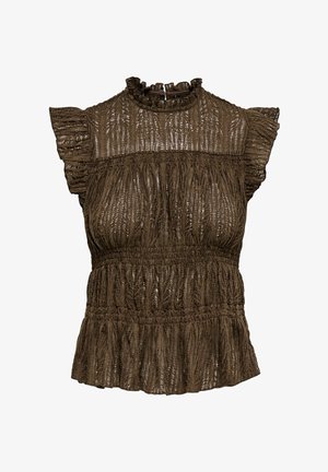 Blusa sin mangas de encaje marrón con cuello alto fruncido, cintura fruncida y mangas con volantes.