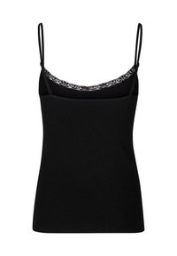 Schwarzes Camisole mit dünnen, verstellbaren Trägern, mit einer Spitzenverzierung entlang des Ausschnitts. Hergestellt aus weichem, dehnbarem Material für hohen Tragekomfort.