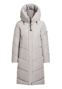 Abrigo acolchado gris claro con capucha grande, diseño de acolchado vertical, cremallera delantera y bolsillos laterales. Presenta acentos de cremallera negra.
