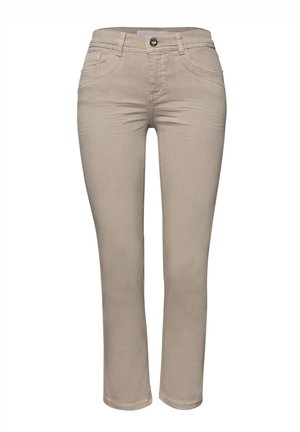 Beiget, kapeat naisten housut, joissa on edessä nappi ja vetoketjukiinnitys, vyölenkit sekä etu- ja takataskut.