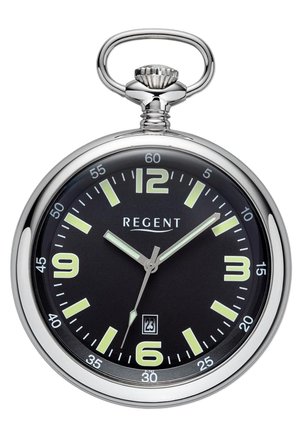 Montre de poche en argent avec un cadran noir, de grands chiffres luminescents et un affichage de la date à 6 heures ; présente un boîtier en métal et une couronne traditionnelle.