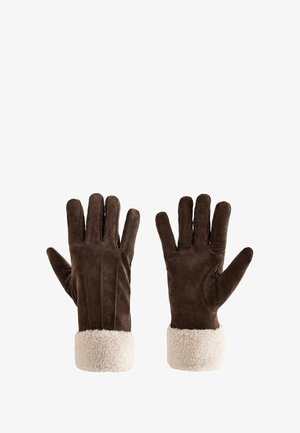 Guanti in suede marrone con un polsino in shearling color crema, caratterizzati da una texture liscia e un design a cinque dita. Ogni guanto presenta dettagli di cucitura.