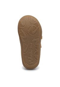 Bruine rubberen schoenzool met een gestructureerde grip, met een cirkelpatroon en een zichtbaar merkteken dat op de onderkant is ingebed.