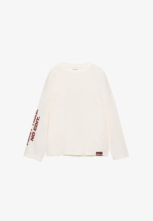 Hosszú ujjú krémszínű póló puha anyagból, bal ujjon piros felirattal és a szegélyen bordó címkével.