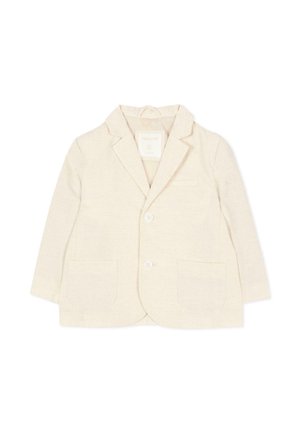 Blazer beige per bambini piccoli con due tasche anteriori, due bottoni e rever a lancia su sfondo bianco.