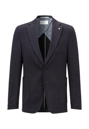 Marineblazer aus strukturiertem Stoff, mit zwei Fronttaschen, einem Zwei-Knopf-Verschluss und einem gemusterten Futter, das am Kragen sichtbar ist.