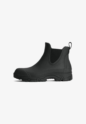 Sorte gummistøvler til anklen med struktureret overdel, elastiske sidepaneler og en robust gummisål med mønster for bedre greb.