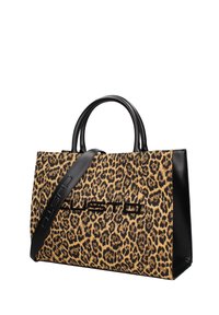 Borsa rettangolare con stampa leopardata, manici in pelle nera, pannelli laterali e una tracolla nera rimovibile con marchio impresso.