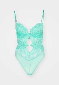 Mint green lingerie bodysuit with floral lace detailing, sheer mesh sections, adjustable straps, and keyhole cutout at the waist.