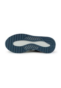 Semelle de chaussure avec un design en caoutchouc bleu, présentant des rainures texturées et une section centrale grise. Nom de la marque "MUNICH" embossé sur la semelle.
