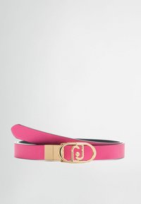 Różowy syntetyczny pasek o teksturowanym wykończeniu, z zapięciem w kolorze złota i czarną podszewką. Elegancki design z zaokrąglonymi krawędziami.