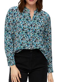 Lange mouw blouse in een multicolor abstract patroon met zwarte, blauwe en groene tinten; kraagloos ontwerp met een losse pasvorm.