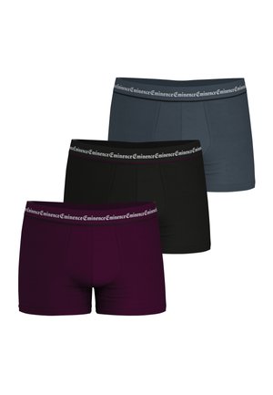 Trois paires de boxers pour hommes en bleu foncé, noir et violet profond avec des ceintures élastiques de marque.
