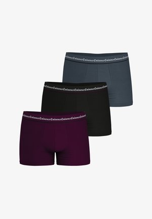 Trois paires de boxers pour hommes en bleu foncé, noir et violet profond avec des ceintures élastiques de marque.