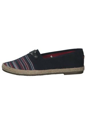 Dame navy slip-on espadrille med flerfarvet stribet stof på tåen, jutesnoet sål og lille metalspændedetalje på overdelen.