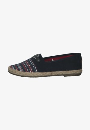 Espadrille pour femme en marine à enfiler, avec bout en tissu rayé multicolore, semelle enveloppée de jute, et petit détail de boucle en métal sur le dessus.