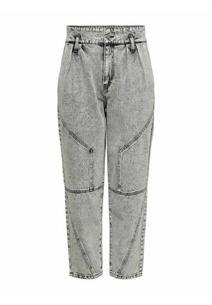 Graue Jeans mit hoher Taille und Acid-Wash, verjüngten Beinen, dekorativen Nahtdetails, Gürtelschlaufen und vorne mit Knöpfen verschließbar.