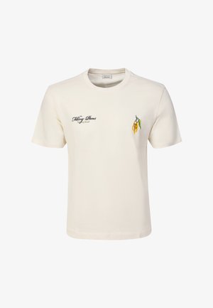 Kremowy t-shirt z krótkim rękawem z napisem „Filling Pieces” na lewej piersi oraz małą grafiką chili na prawej piersi.