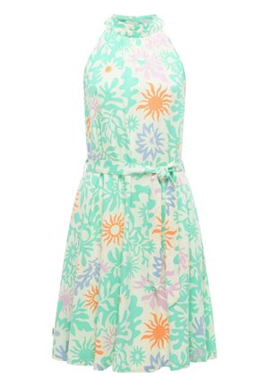 Ärmelloses Neckholderkleid mit blauen, orangen, lavendelfarbenen und mintgrünen Blumen- und Sonnendesigns, ausgestattet mit einem passenden Stoffgürtel.