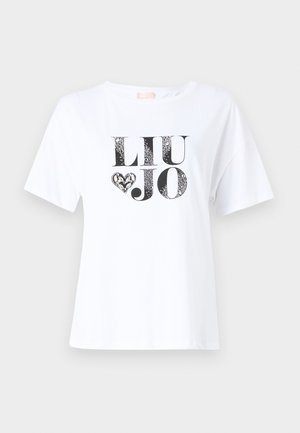 T-shirt bianca in cotone con maniche corte, caratterizzata da una stampa grafica nera di "LIU JO" e un design a forma di cuore in stile testurizzato.