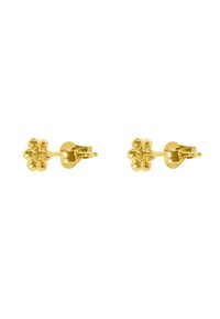 Boucles d'oreilles en or avec un design floral, pétales arrondis et petites sphères, finition polie, fermeture à tige.