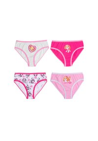 Quattro paia di mutande di cotone. In alto a sinistra: grigio chiaro con dettagli rosa e grafica di Skye. In alto a destra: rosa brillante con grafica di Skye. In basso a sinistra: bianche con motivi rosa e cani cartoni animati. In basso a destra: rosa chiaro con grafica di Skye.
