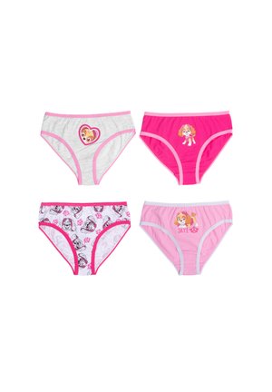 Quattro paia di mutande di cotone. In alto a sinistra: grigio chiaro con dettagli rosa e grafica di Skye. In alto a destra: rosa brillante con grafica di Skye. In basso a sinistra: bianche con motivi rosa e cani cartoni animati. In basso a destra: rosa chiaro con grafica di Skye.