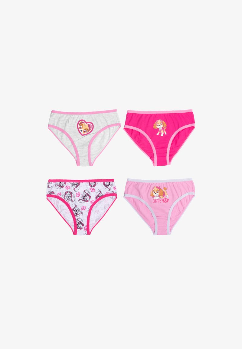 Quattro paia di mutande di cotone. In alto a sinistra: grigio chiaro con dettagli rosa e grafica di Skye. In alto a destra: rosa brillante con grafica di Skye. In basso a sinistra: bianche con motivi rosa e cani cartoni animati. In basso a destra: rosa chiaro con grafica di Skye.