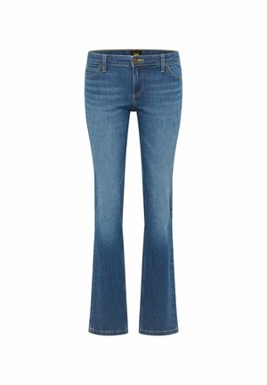 Blå denimjeans med en flagrende ben-design, der har en mellemhøj talje, kontraststikninger og fem-lomme stil.