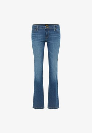 Blaue Denim-Jeans mit einem ausgestellten Bein-Design, mittelhoher Taille, Kontrastnähten und Fünf-Taschen-Stil.