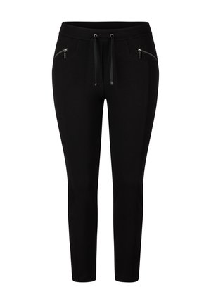 Black slim-fit pants with drawstring waist and zippered pockets at the hips, shown front view on a white background.