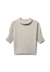 Hellbeige Pullover mit kurzen Ärmeln, einem gerippten, umgeschlagenen Kragen und gerippten Akzenten an den Ärmeln. Hergestellt aus weichem, strukturiertem Material.