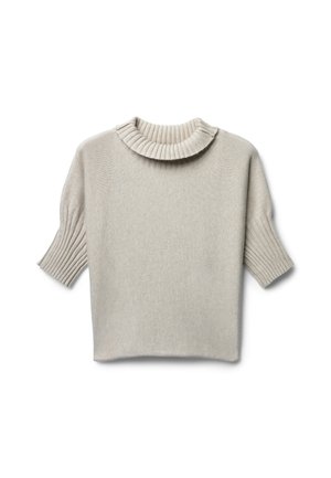 Hellbeige Pullover mit kurzen Ärmeln, einem gerippten, umgeschlagenen Kragen und gerippten Akzenten an den Ärmeln. Hergestellt aus weichem, strukturiertem Material.