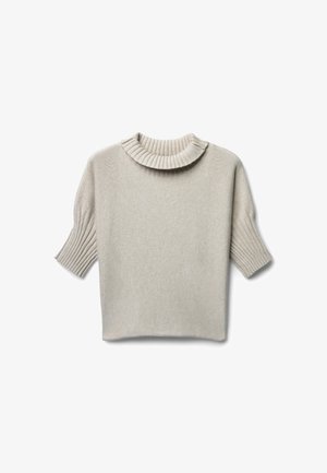 Light beige short-sleeve sweater with a ribbed, fold-over collar and ribbed accents on sleeves. Made from soft, textured material.