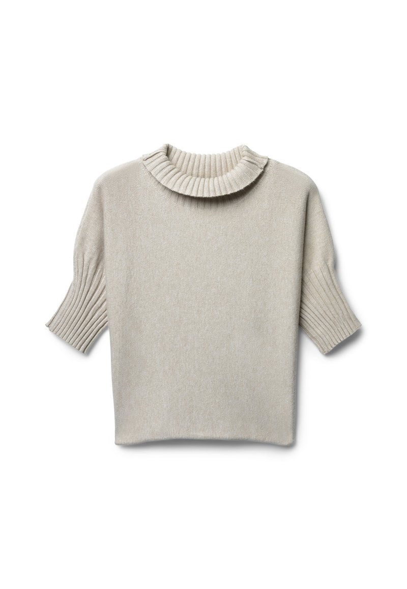 Hellbeige Pullover mit kurzen Ärmeln, einem gerippten, umgeschlagenen Kragen und gerippten Akzenten an den Ärmeln. Hergestellt aus weichem, strukturiertem Material.
