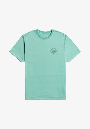 Miętowa koszulka z krótkim rękawem z małą czarną grafiką góry i napisem „Adventure Div Billabong” na lewej piersi.