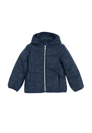 Doudoune enfant à capuche bleu marine avec fermeture éclair devant et texture matelassée, conçue pour la chaleur et le confort.