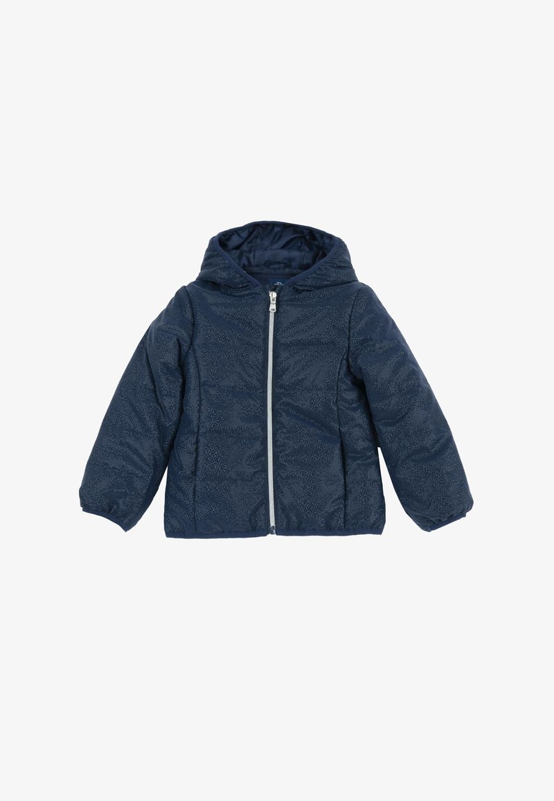 Doudoune enfant à capuche bleu marine avec fermeture éclair devant et texture matelassée, conçue pour la chaleur et le confort.