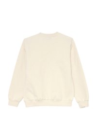Felpa beige chiaro con maniche lunghe, scollo rotondo, polsini e orlo a costine, realizzata in morbido cotone, con una texture liscia.
