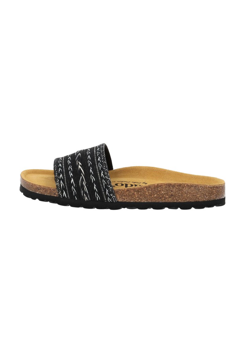 Sandal alla schiava nera con cinturini in tessuto stampato, plantare in sughero e suola testurizzata. Presenta un design a cinturino ampio e un profilo minimalista.